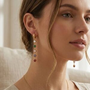Gold Drop Earrings with Multi-Colored Gem Accents - Women Jewelry